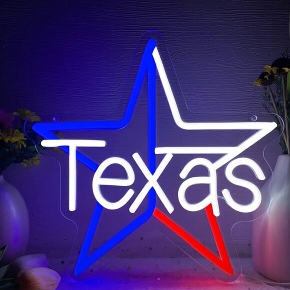RED WHITE & BLUE TEXAS STAR NEON LED SIGN - Picture 1 of 4
